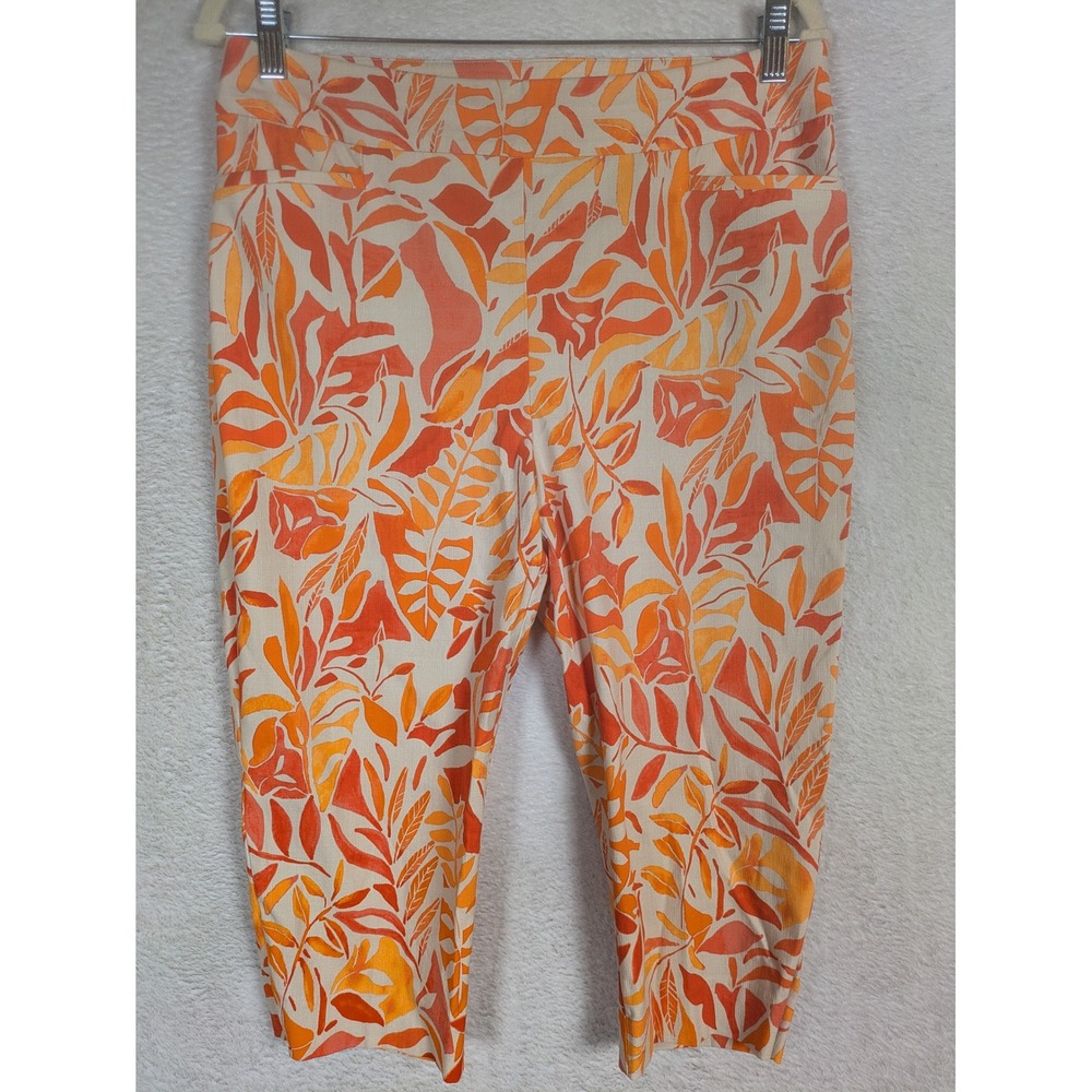 Chico's Cropped Pants Women's 8 Orange Tropical Leaf Print Pull On High Rise
